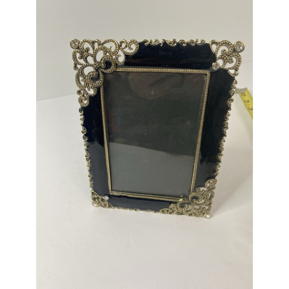 Decorative Table Top Easel‎ Back Frame Black Enamel Rhinestone Gold Tone 4x6
